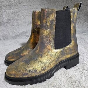 Ralph Lauren Corinne Chelsea Boots Metallic Gold Black Distressed Women 7.5 NEW